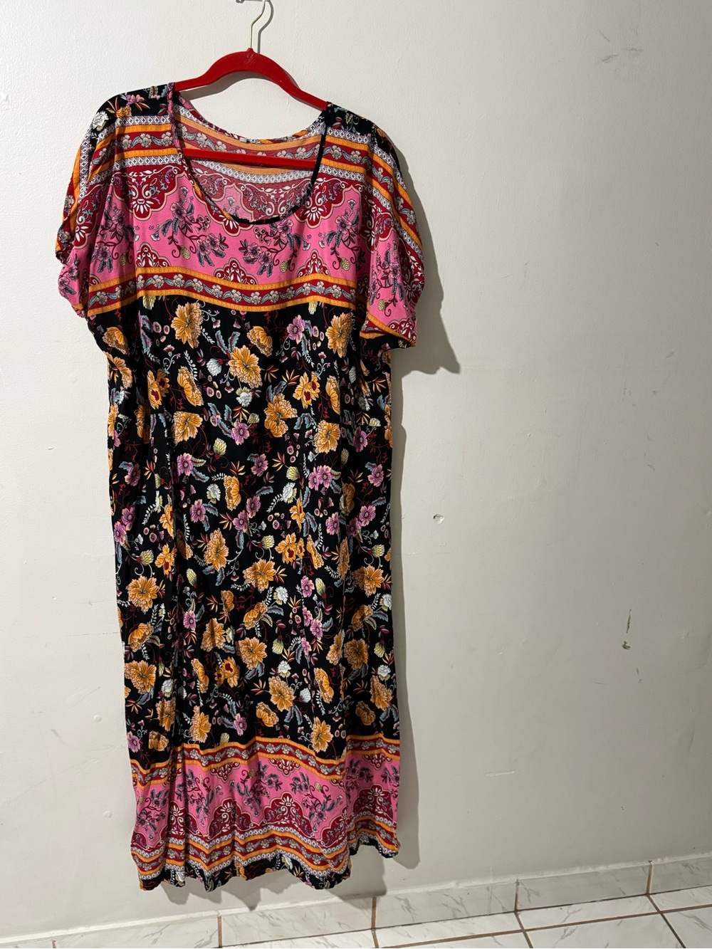 Boho Floral Border Midi Dress in Pink & Black